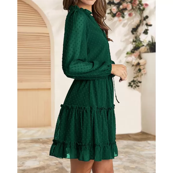 imageBTFBM Women Casual Summer Fall Dresses Tie V Neck Long Sleeve High Waist Ruffle Tiered A Line Swing Tunic Mini DressDot Dark Green