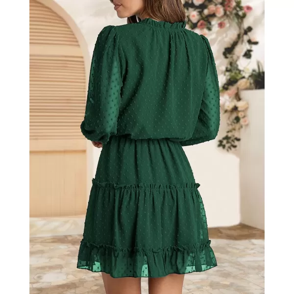 imageBTFBM Women Casual Summer Fall Dresses Tie V Neck Long Sleeve High Waist Ruffle Tiered A Line Swing Tunic Mini DressDot Dark Green