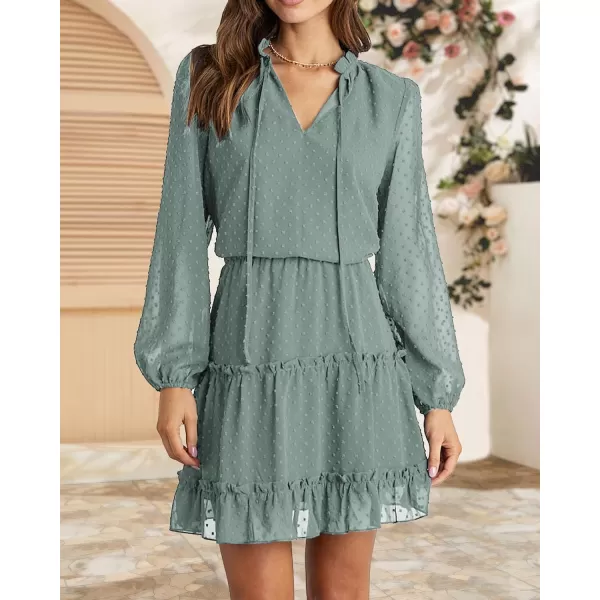 imageBTFBM Women Casual Summer Fall Dresses Tie V Neck Long Sleeve High Waist Ruffle Tiered A Line Swing Tunic Mini DressDot Green