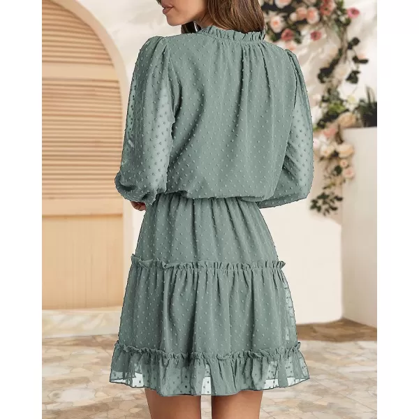 imageBTFBM Women Casual Summer Fall Dresses Tie V Neck Long Sleeve High Waist Ruffle Tiered A Line Swing Tunic Mini DressDot Green