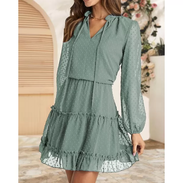 imageBTFBM Women Casual Summer Fall Dresses Tie V Neck Long Sleeve High Waist Ruffle Tiered A Line Swing Tunic Mini DressDot Green