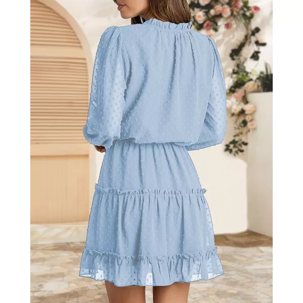 imageBTFBM Women Casual Summer Fall Dresses Tie V Neck Long Sleeve High Waist Ruffle Tiered A Line Swing Tunic Mini DressDot Light Blue