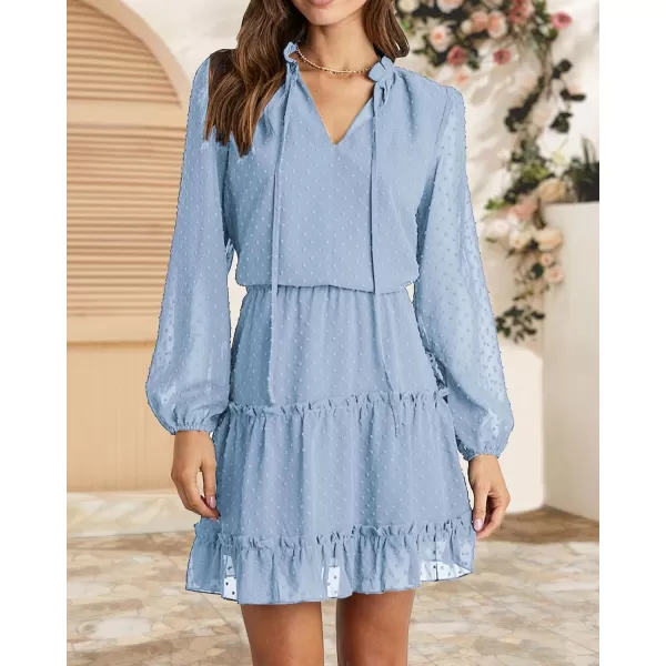 imageBTFBM Women Casual Summer Fall Dresses Tie V Neck Long Sleeve High Waist Ruffle Tiered A Line Swing Tunic Mini DressDot Light Blue