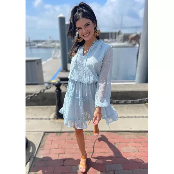 imageBTFBM Women Casual Summer Fall Dresses Tie V Neck Long Sleeve High Waist Ruffle Tiered A Line Swing Tunic Mini DressDot Light Blue