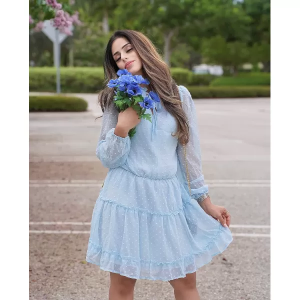 imageBTFBM Women Casual Summer Fall Dresses Tie V Neck Long Sleeve High Waist Ruffle Tiered A Line Swing Tunic Mini DressDot Light Blue