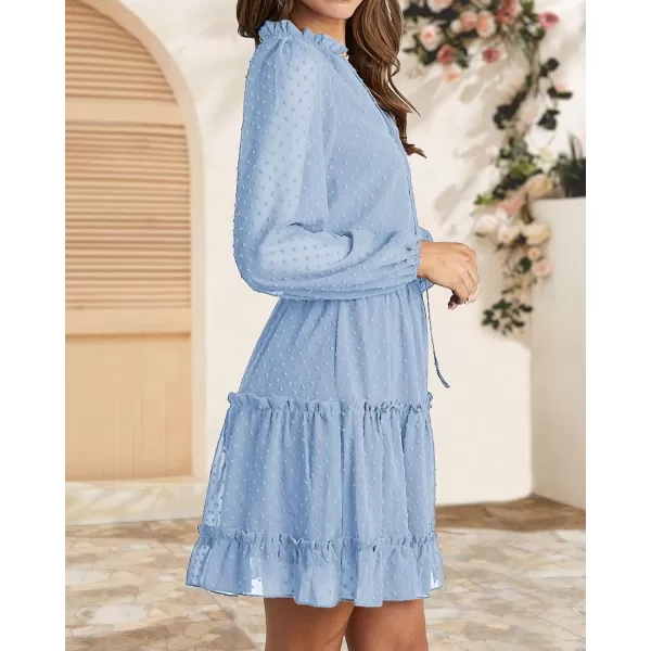 imageBTFBM Women Casual Summer Fall Dresses Tie V Neck Long Sleeve High Waist Ruffle Tiered A Line Swing Tunic Mini DressDot Light Blue