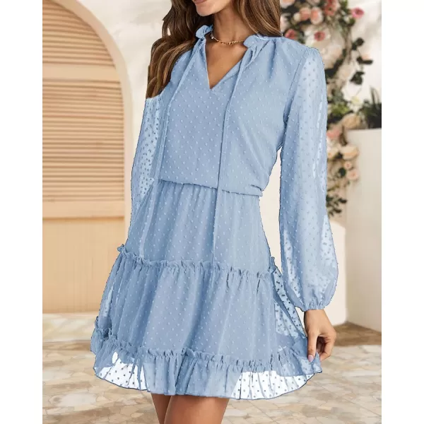 imageBTFBM Women Casual Summer Fall Dresses Tie V Neck Long Sleeve High Waist Ruffle Tiered A Line Swing Tunic Mini DressDot Light Blue