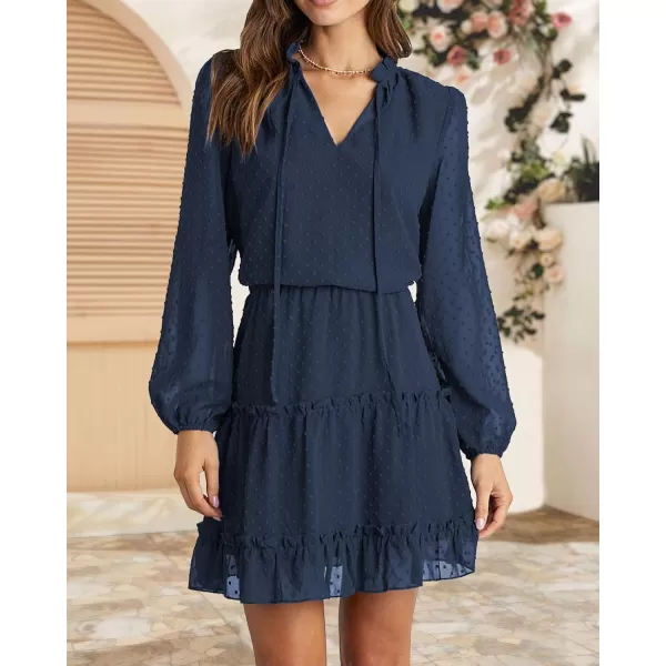 imageBTFBM Women Casual Summer Fall Dresses Tie V Neck Long Sleeve High Waist Ruffle Tiered A Line Swing Tunic Mini DressDot Navy