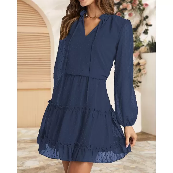 imageBTFBM Women Casual Summer Fall Dresses Tie V Neck Long Sleeve High Waist Ruffle Tiered A Line Swing Tunic Mini DressDot Navy
