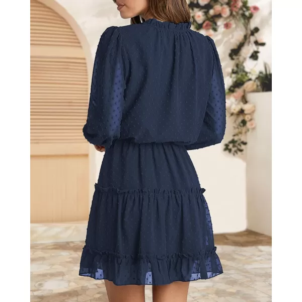 imageBTFBM Women Casual Summer Fall Dresses Tie V Neck Long Sleeve High Waist Ruffle Tiered A Line Swing Tunic Mini DressDot Navy