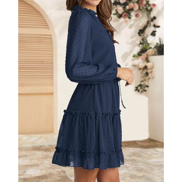 imageBTFBM Women Casual Summer Fall Dresses Tie V Neck Long Sleeve High Waist Ruffle Tiered A Line Swing Tunic Mini DressDot Navy