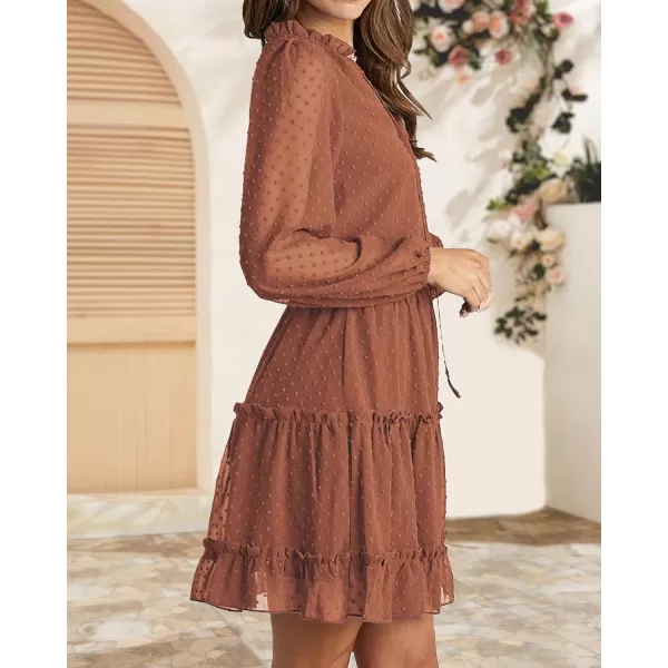 imageBTFBM Women Casual Summer Fall Dresses Tie V Neck Long Sleeve High Waist Ruffle Tiered A Line Swing Tunic Mini DressDot Orange Yellow