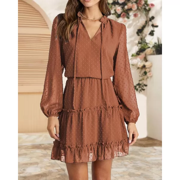 imageBTFBM Women Casual Summer Fall Dresses Tie V Neck Long Sleeve High Waist Ruffle Tiered A Line Swing Tunic Mini DressDot Orange Yellow