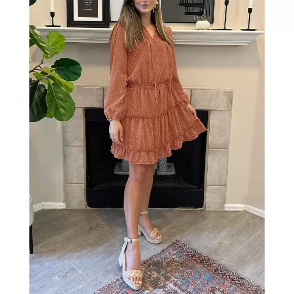imageBTFBM Women Casual Summer Fall Dresses Tie V Neck Long Sleeve High Waist Ruffle Tiered A Line Swing Tunic Mini DressDot Orange Yellow