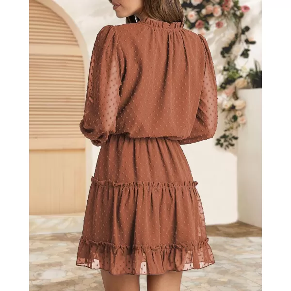 imageBTFBM Women Casual Summer Fall Dresses Tie V Neck Long Sleeve High Waist Ruffle Tiered A Line Swing Tunic Mini DressDot Orange Yellow