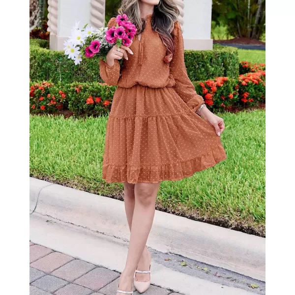 imageBTFBM Women Casual Summer Fall Dresses Tie V Neck Long Sleeve High Waist Ruffle Tiered A Line Swing Tunic Mini DressDot Orange Yellow