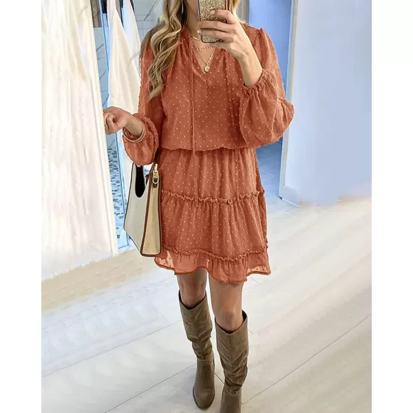 imageBTFBM Women Casual Summer Fall Dresses Tie V Neck Long Sleeve High Waist Ruffle Tiered A Line Swing Tunic Mini DressDot Orange Yellow