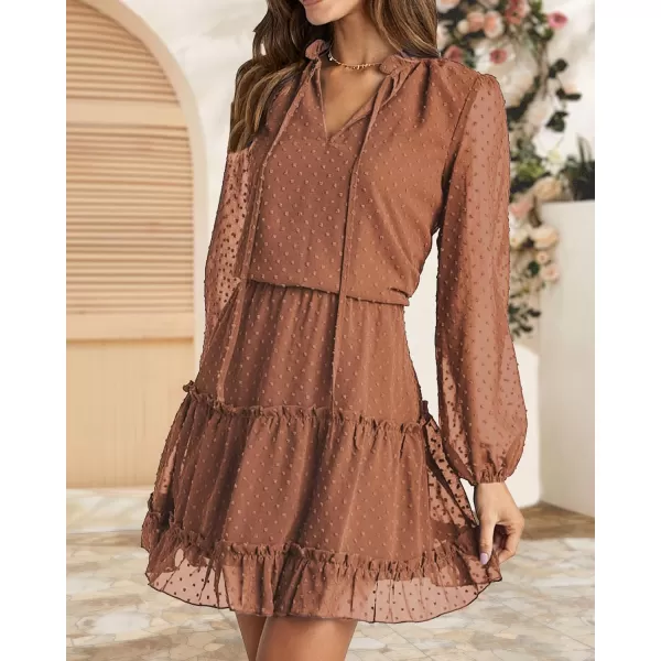 imageBTFBM Women Casual Summer Fall Dresses Tie V Neck Long Sleeve High Waist Ruffle Tiered A Line Swing Tunic Mini DressDot Orange Yellow