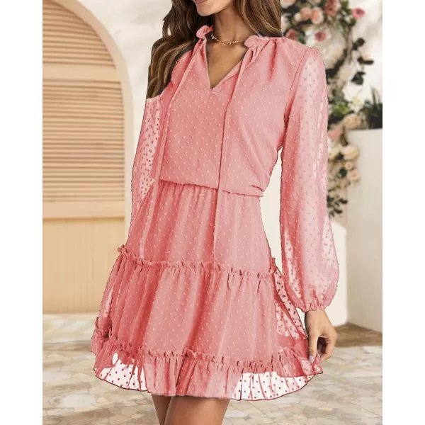 imageBTFBM Women Casual Summer Fall Dresses Tie V Neck Long Sleeve High Waist Ruffle Tiered A Line Swing Tunic Mini DressDot Pink