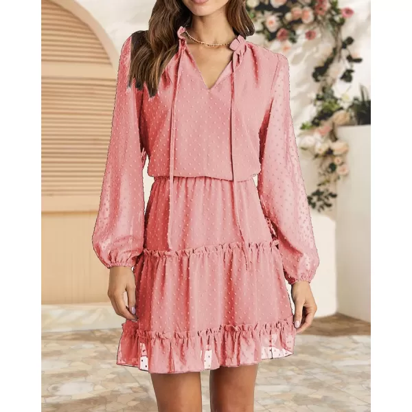 imageBTFBM Women Casual Summer Fall Dresses Tie V Neck Long Sleeve High Waist Ruffle Tiered A Line Swing Tunic Mini DressDot Pink