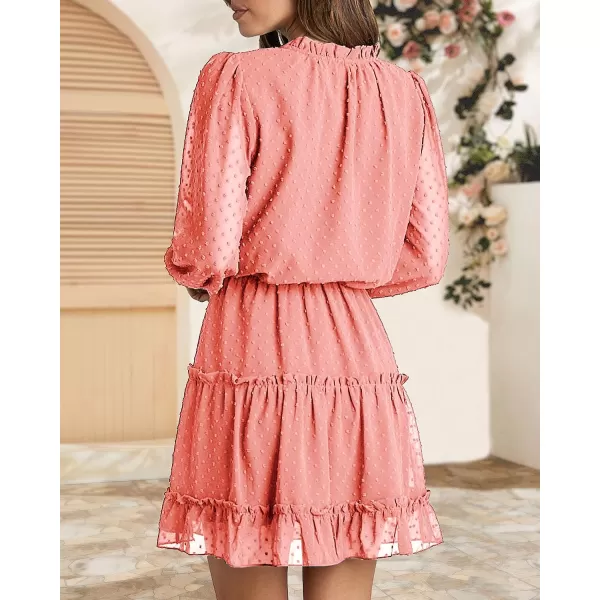 imageBTFBM Women Casual Summer Fall Dresses Tie V Neck Long Sleeve High Waist Ruffle Tiered A Line Swing Tunic Mini DressDot Pink