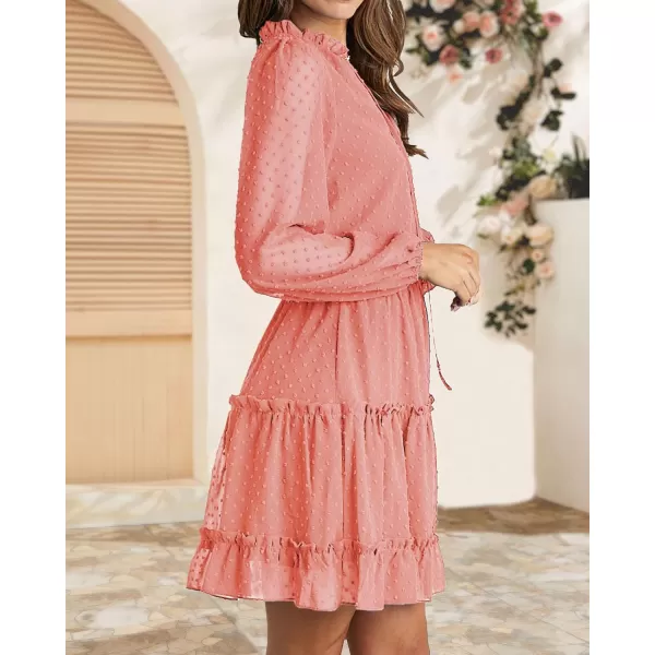 imageBTFBM Women Casual Summer Fall Dresses Tie V Neck Long Sleeve High Waist Ruffle Tiered A Line Swing Tunic Mini DressDot Pink