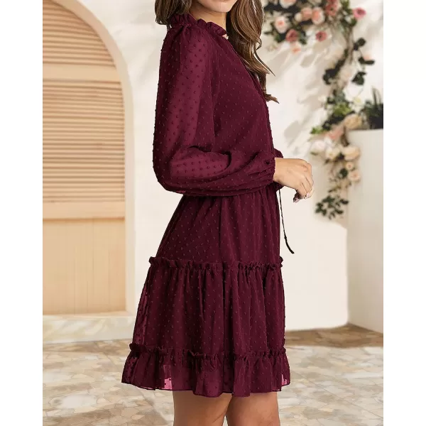 imageBTFBM Women Casual Summer Fall Dresses Tie V Neck Long Sleeve High Waist Ruffle Tiered A Line Swing Tunic Mini DressDot Wine Red