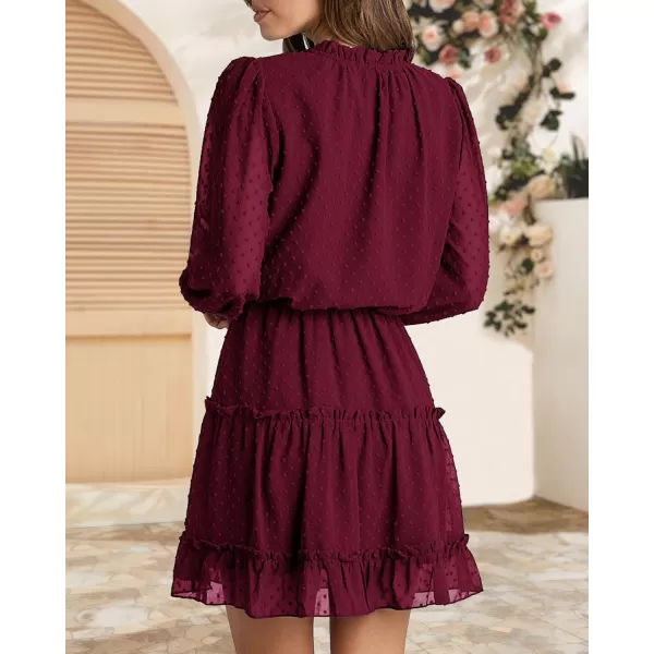 imageBTFBM Women Casual Summer Fall Dresses Tie V Neck Long Sleeve High Waist Ruffle Tiered A Line Swing Tunic Mini DressDot Wine Red