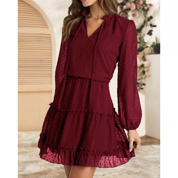 imageBTFBM Women Casual Summer Fall Dresses Tie V Neck Long Sleeve High Waist Ruffle Tiered A Line Swing Tunic Mini DressDot Wine Red