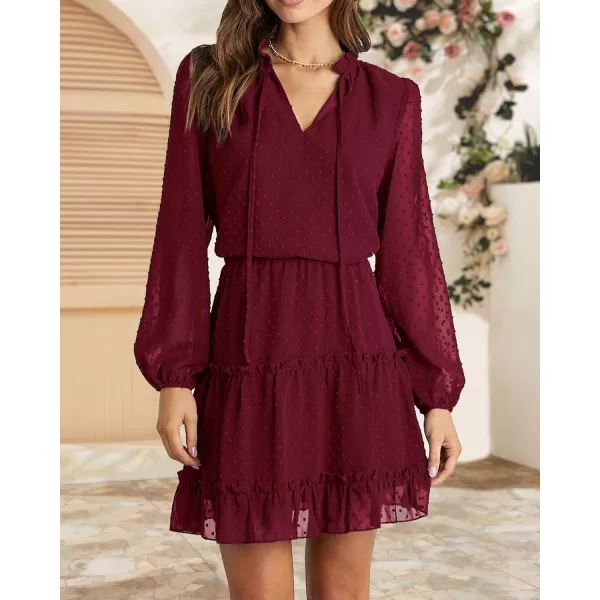 imageBTFBM Women Casual Summer Fall Dresses Tie V Neck Long Sleeve High Waist Ruffle Tiered A Line Swing Tunic Mini DressDot Wine Red