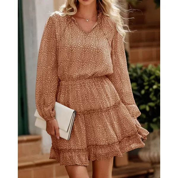 imageBTFBM Women Casual Summer Fall Dresses Tie V Neck Long Sleeve High Waist Ruffle Tiered A Line Swing Tunic Mini DressLeopard Coffee