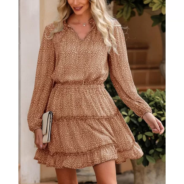 imageBTFBM Women Casual Summer Fall Dresses Tie V Neck Long Sleeve High Waist Ruffle Tiered A Line Swing Tunic Mini DressLeopard Coffee