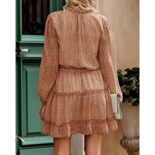 imageBTFBM Women Casual Summer Fall Dresses Tie V Neck Long Sleeve High Waist Ruffle Tiered A Line Swing Tunic Mini DressLeopard Coffee