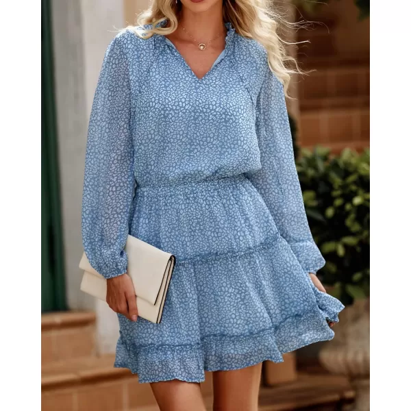 imageBTFBM Women Casual Summer Fall Dresses Tie V Neck Long Sleeve High Waist Ruffle Tiered A Line Swing Tunic Mini DressLeopard Light Blue