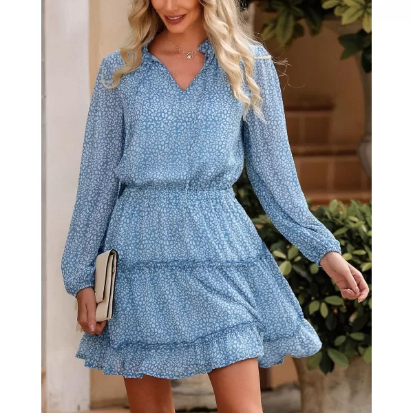 imageBTFBM Women Casual Summer Fall Dresses Tie V Neck Long Sleeve High Waist Ruffle Tiered A Line Swing Tunic Mini DressLeopard Light Blue