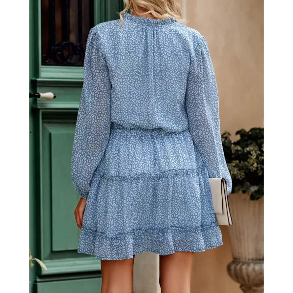 imageBTFBM Women Casual Summer Fall Dresses Tie V Neck Long Sleeve High Waist Ruffle Tiered A Line Swing Tunic Mini DressLeopard Light Blue