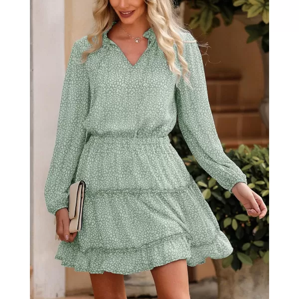 imageBTFBM Women Casual Summer Fall Dresses Tie V Neck Long Sleeve High Waist Ruffle Tiered A Line Swing Tunic Mini DressLeopard Light Green
