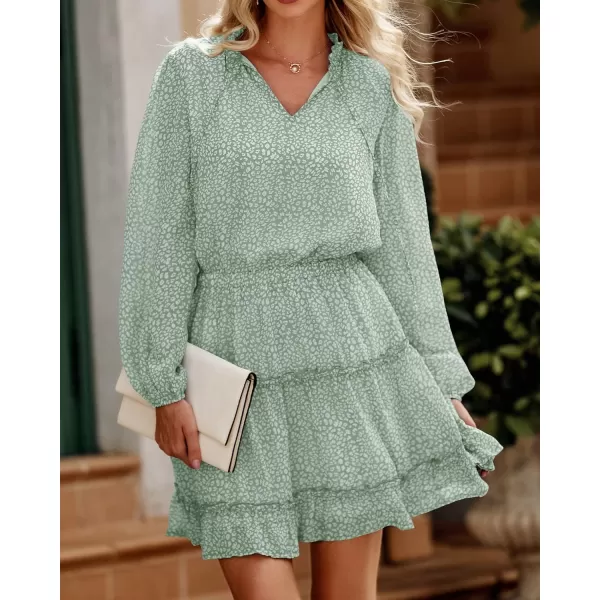 imageBTFBM Women Casual Summer Fall Dresses Tie V Neck Long Sleeve High Waist Ruffle Tiered A Line Swing Tunic Mini DressLeopard Light Green