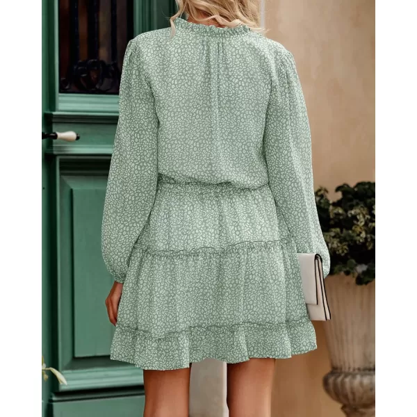 imageBTFBM Women Casual Summer Fall Dresses Tie V Neck Long Sleeve High Waist Ruffle Tiered A Line Swing Tunic Mini DressLeopard Light Green