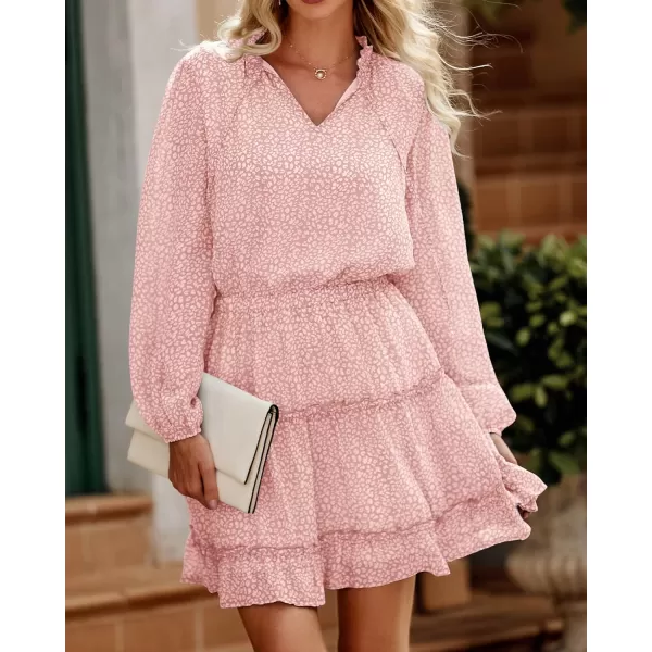 imageBTFBM Women Casual Summer Fall Dresses Tie V Neck Long Sleeve High Waist Ruffle Tiered A Line Swing Tunic Mini DressLeopard Pink