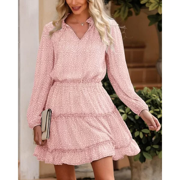 imageBTFBM Women Casual Summer Fall Dresses Tie V Neck Long Sleeve High Waist Ruffle Tiered A Line Swing Tunic Mini DressLeopard Pink