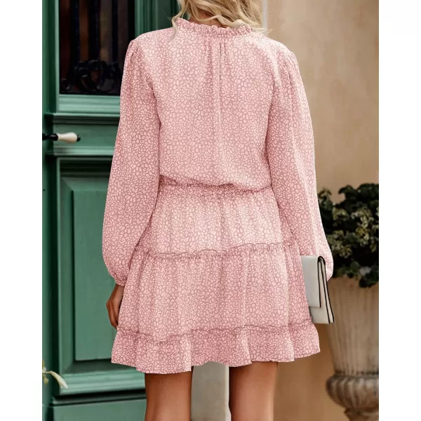 imageBTFBM Women Casual Summer Fall Dresses Tie V Neck Long Sleeve High Waist Ruffle Tiered A Line Swing Tunic Mini DressLeopard Pink