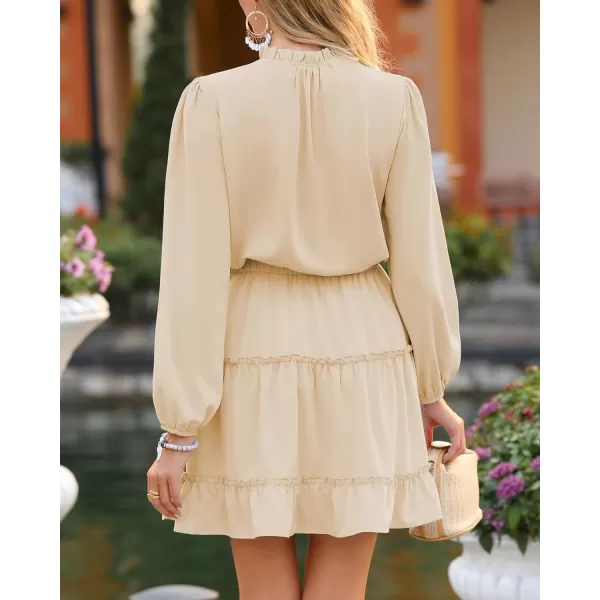 imageBTFBM Women Casual Summer Fall Dresses Tie V Neck Long Sleeve High Waist Ruffle Tiered A Line Swing Tunic Mini DressLong Sleeve Apricot