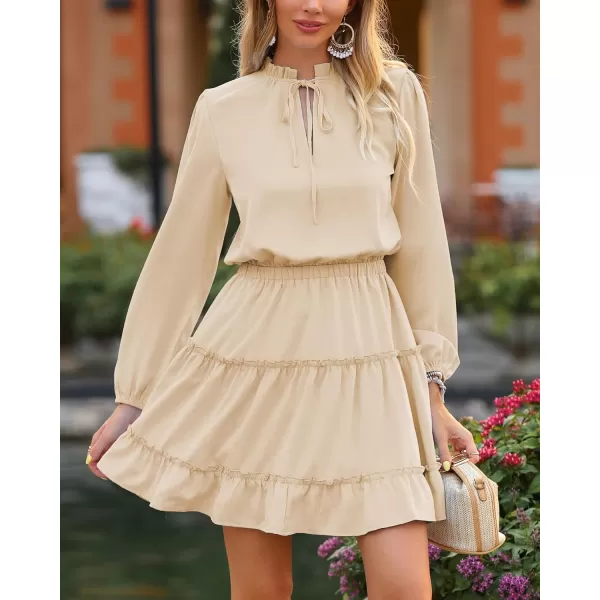 imageBTFBM Women Casual Summer Fall Dresses Tie V Neck Long Sleeve High Waist Ruffle Tiered A Line Swing Tunic Mini DressLong Sleeve Apricot