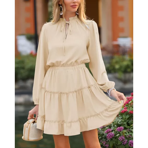 imageBTFBM Women Casual Summer Fall Dresses Tie V Neck Long Sleeve High Waist Ruffle Tiered A Line Swing Tunic Mini DressLong Sleeve Apricot