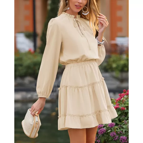 imageBTFBM Women Casual Summer Fall Dresses Tie V Neck Long Sleeve High Waist Ruffle Tiered A Line Swing Tunic Mini DressLong Sleeve Apricot
