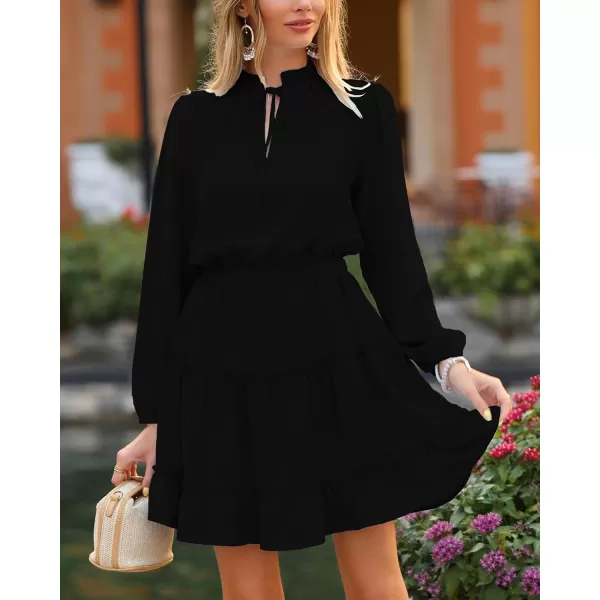 imageBTFBM Women Casual Summer Fall Dresses Tie V Neck Long Sleeve High Waist Ruffle Tiered A Line Swing Tunic Mini DressLong Sleeve Black
