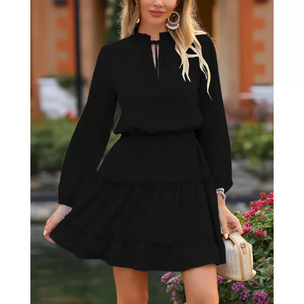 imageBTFBM Women Casual Summer Fall Dresses Tie V Neck Long Sleeve High Waist Ruffle Tiered A Line Swing Tunic Mini DressLong Sleeve Black
