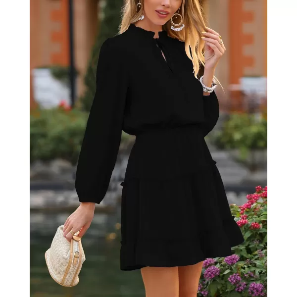 imageBTFBM Women Casual Summer Fall Dresses Tie V Neck Long Sleeve High Waist Ruffle Tiered A Line Swing Tunic Mini DressLong Sleeve Black