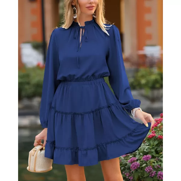 imageBTFBM Women Casual Summer Fall Dresses Tie V Neck Long Sleeve High Waist Ruffle Tiered A Line Swing Tunic Mini DressLong Sleeve Bright Blue